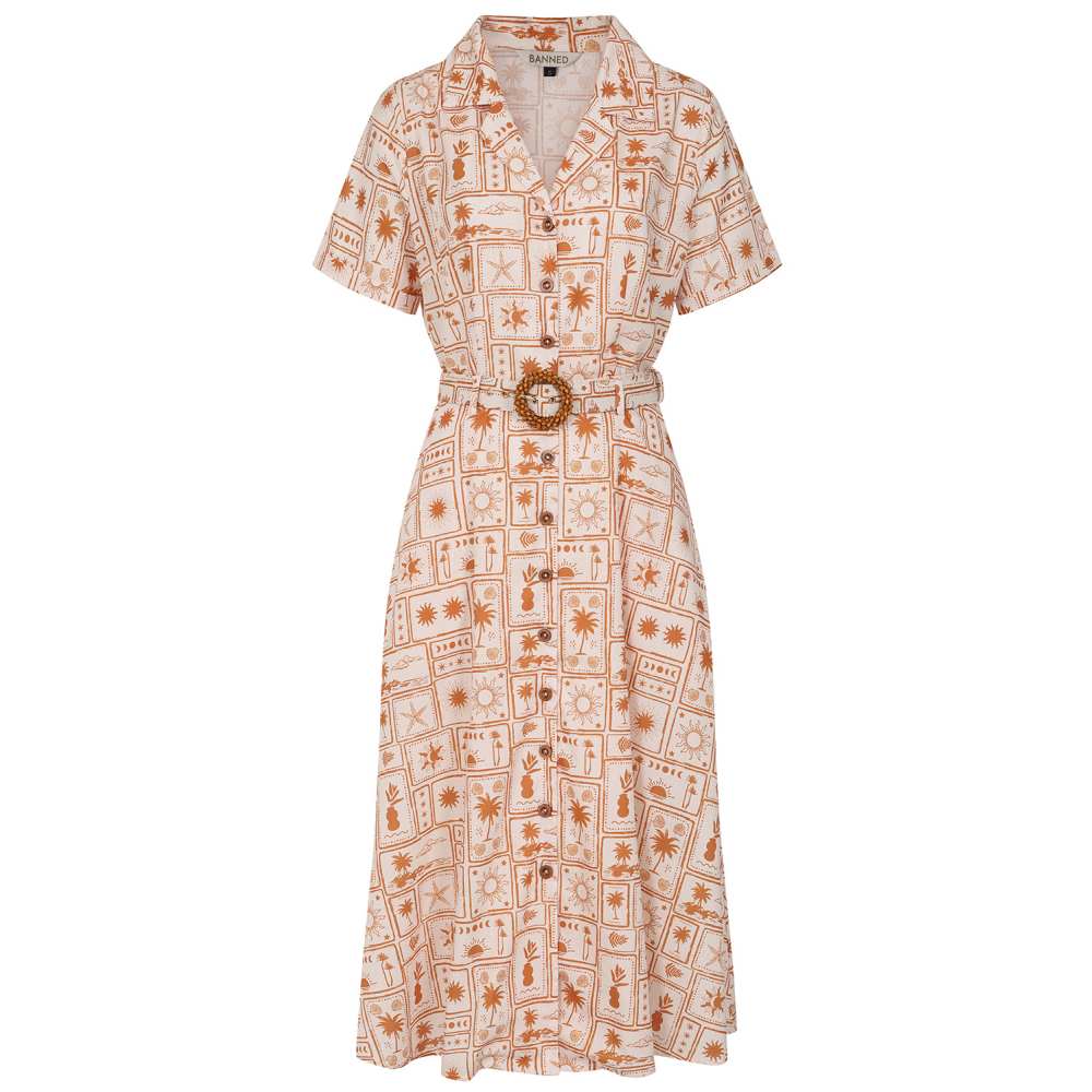 Banned - Kate Tonal Tropic Flare jurk - Bruin